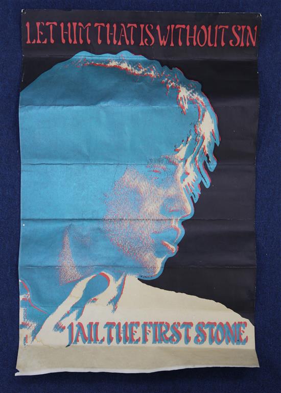 A psychedelic red and green lithographed poster of Mick Jagger, Let Him That is Without Sin Jail the First Stone, 27.5 x 18in., some